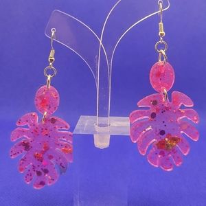Hot pink and gold leaf dangle earrings